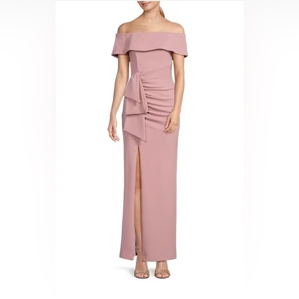 Xscape Off-the-Shoulder Ruched Ruched Waist Scuba Crepe Thigh High Slit Gown